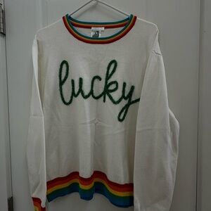 Queen Of Sparkles - LUCKY White Sweater with Rainbow Trim